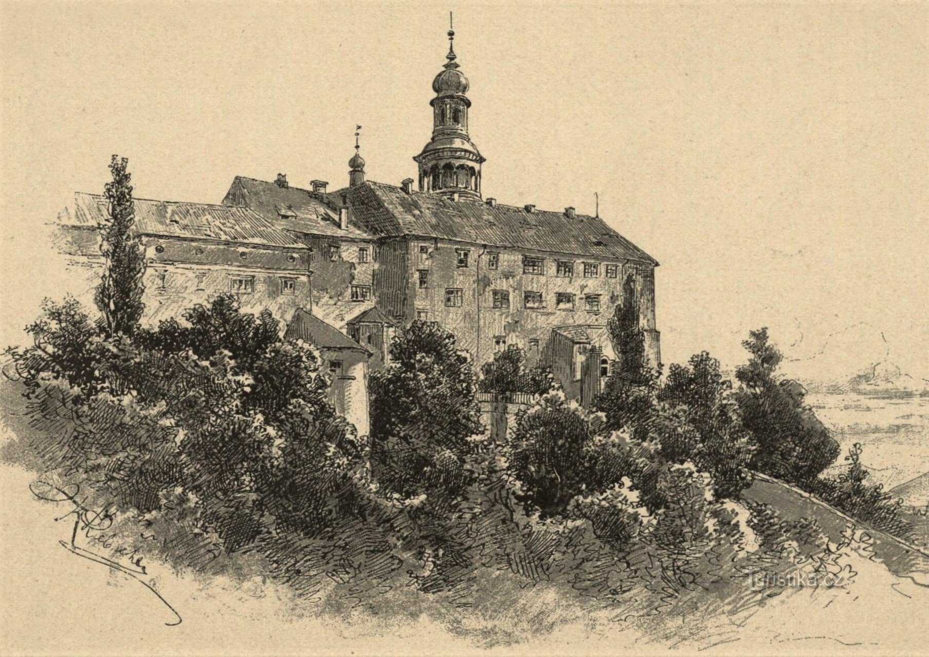 Náchod castle on a drawing by Adolf Liebscher from the second half of the 2th century