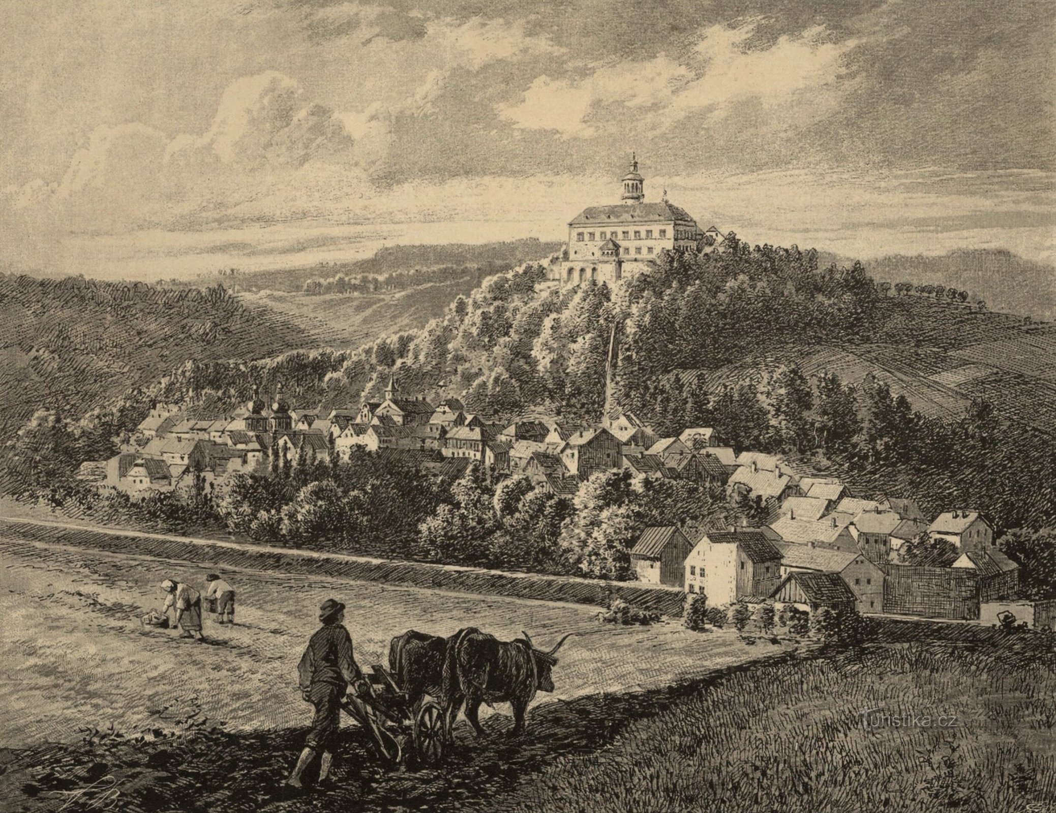 Castelul Náchod pe un desen de Adolf Liebscher din a doua jumătate a secolului al XIX-lea