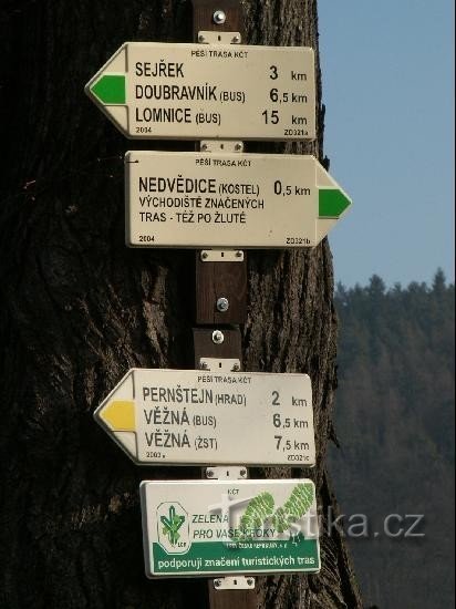 Nedvědice Station - signpost: Yellow and green signpost at Nedvědice