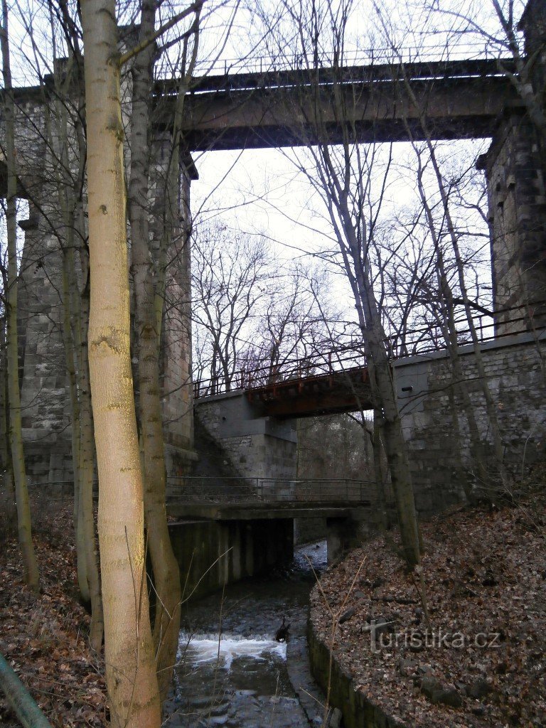 Overjordisk krydsning af to jernbanelinjer, vej og Dalejské Potok