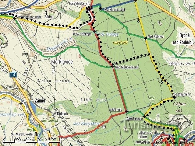 Zemljevid poti od Vamberka do Litic nad Orlicí