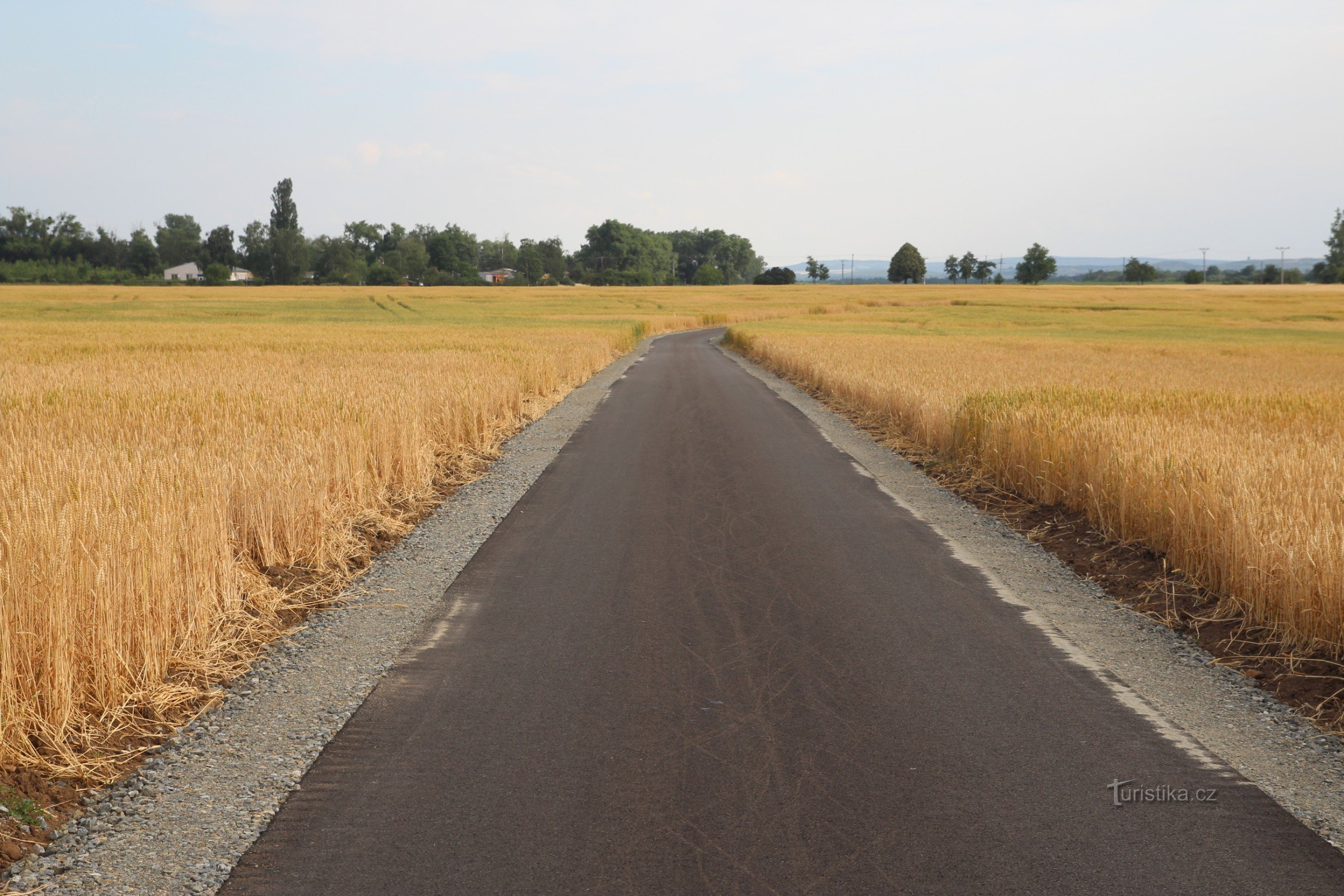 Nuova strada asfaltata con campi tra Vranovice e Přibice