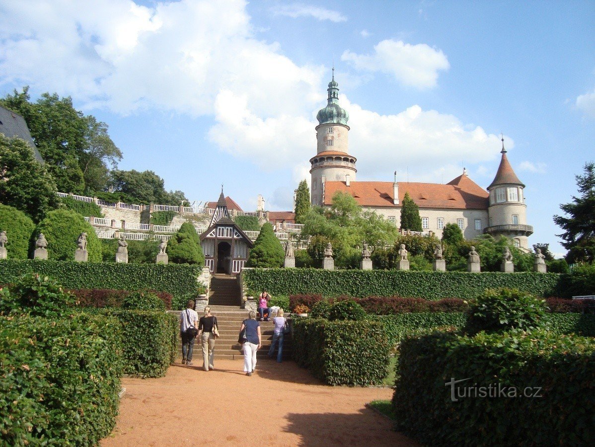 Pont couvert en bois et château de Nové Město nad Metují-Jurkovič avec les nains de Braun