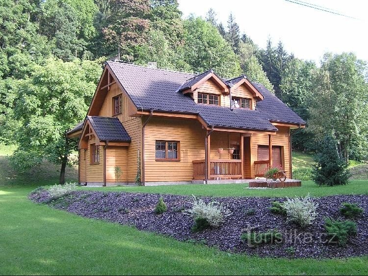 Een modern houten huis achter de wegwijzer