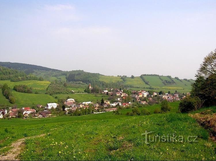 A vila de Janov u Krnov: Vista da vila e sua parte central com a praça e a igreja,