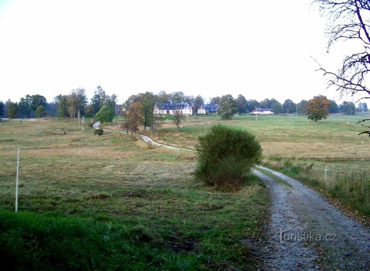 Obec Pohoří na Šumavě a start cesty na Kamenec od místního kostela