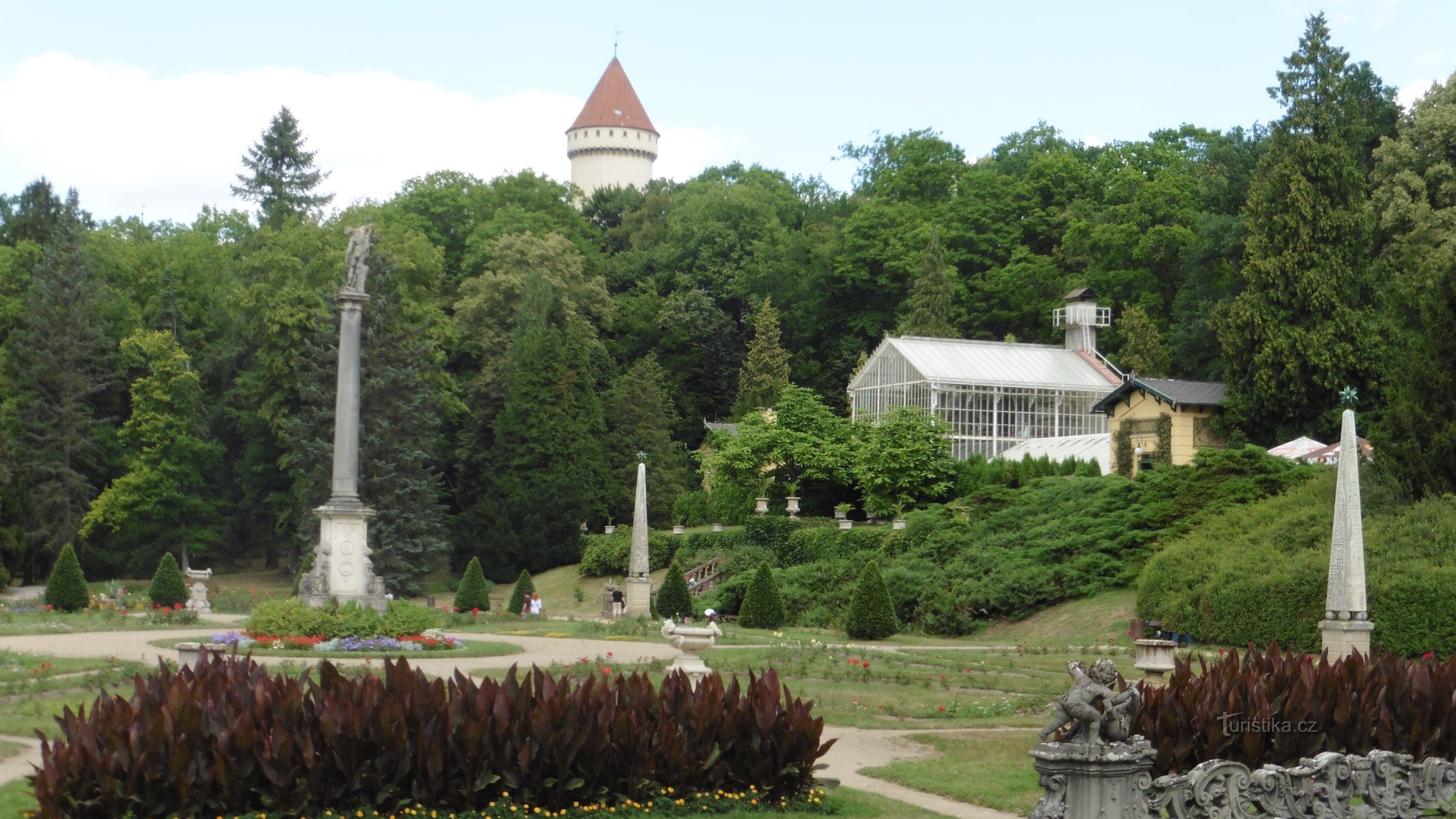 obelisks and greenhouse in the rosary