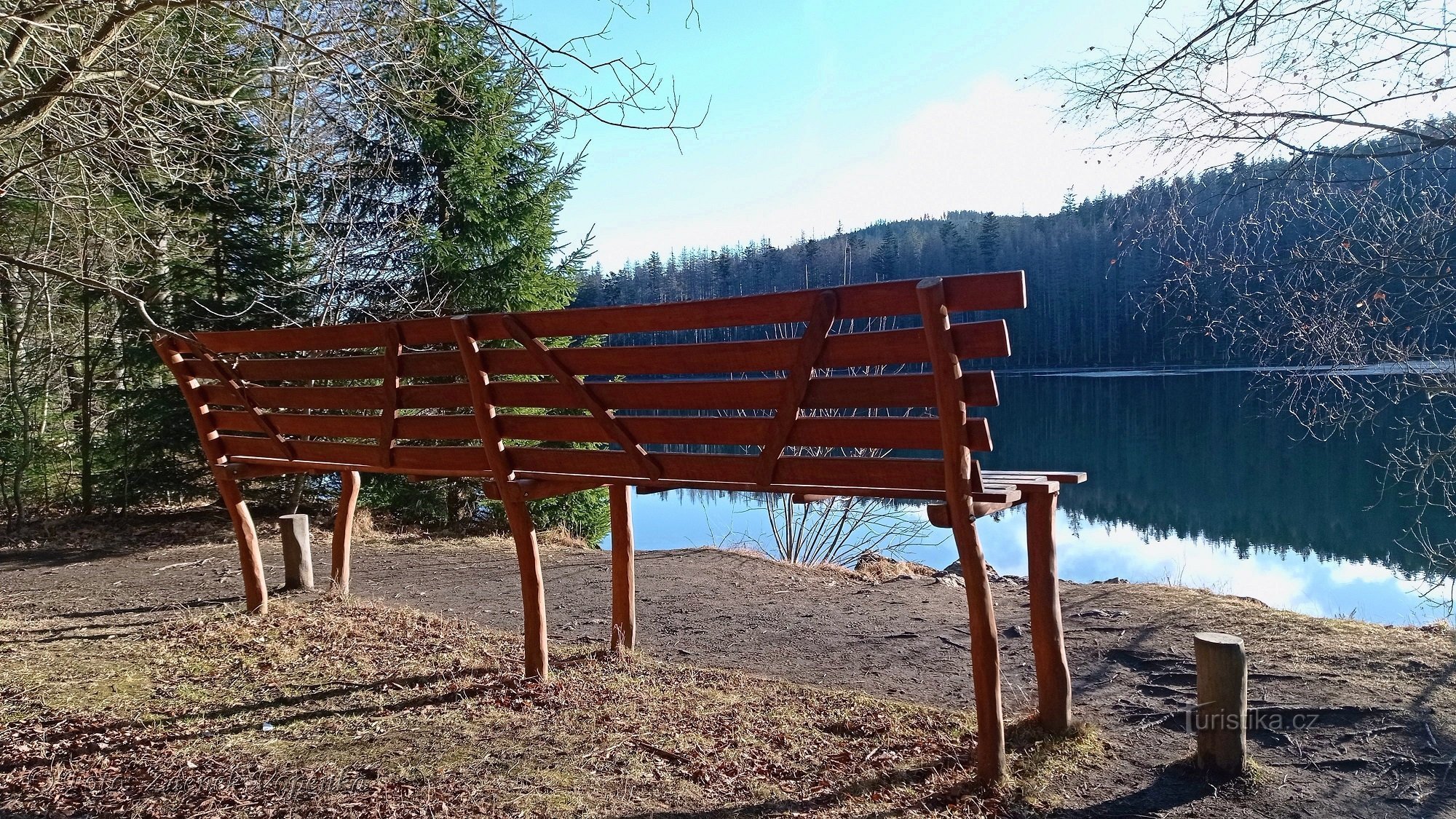 A giant bench by the Black Lake.