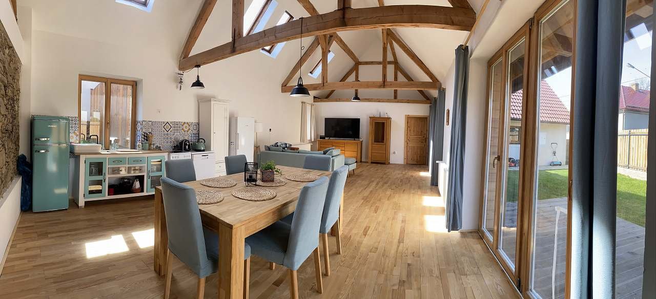 Living room with kitchen and dining room