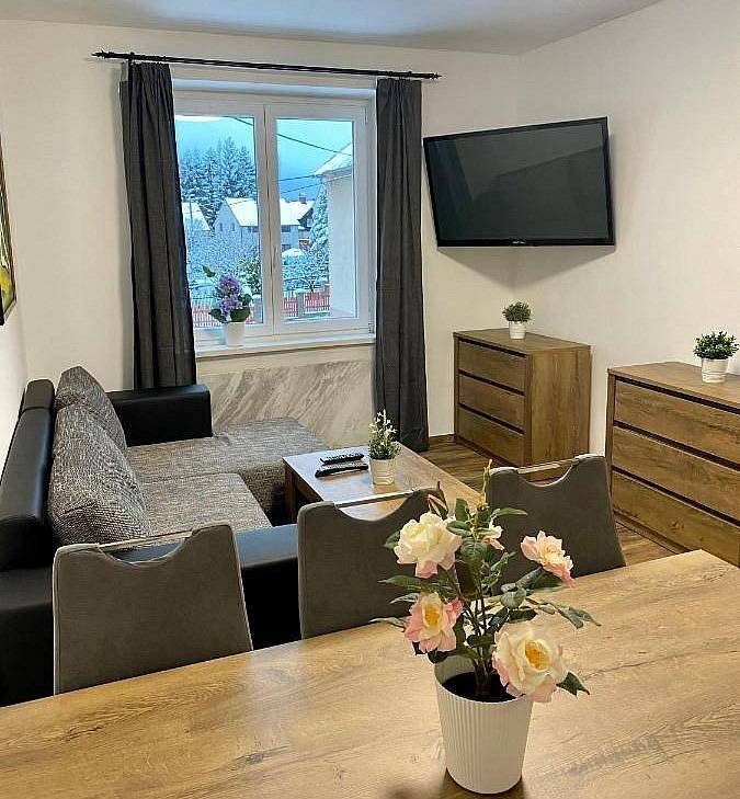 Salon avec TV + table à manger (chaise à manger pour enfants disponible)