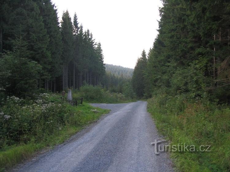 Anenská myslivna からモニュメントの交差点まで、左折して Mala hvězda まで 500 m 直進します。