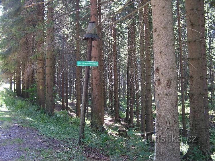 Marquage du cimetière russe devant le pavillon de chasse d'Opava (depuis Rejvíz)