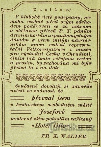Ogłoszenie przejęcia Hotelu Otto w Josefovie przez Františka X. Waltera z 1906 r.
