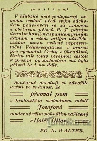 Thông báo về việc tiếp quản khách sạn Otto ở Josefov bởi František X. Walter từ năm 1906