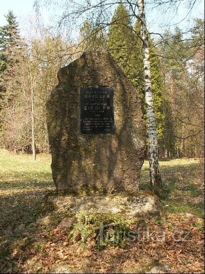 Пам'ятник У луже: Пам'ятник лісникам В. В. Гавелку та Я. Л. Циглеру на лісовій галявині У.