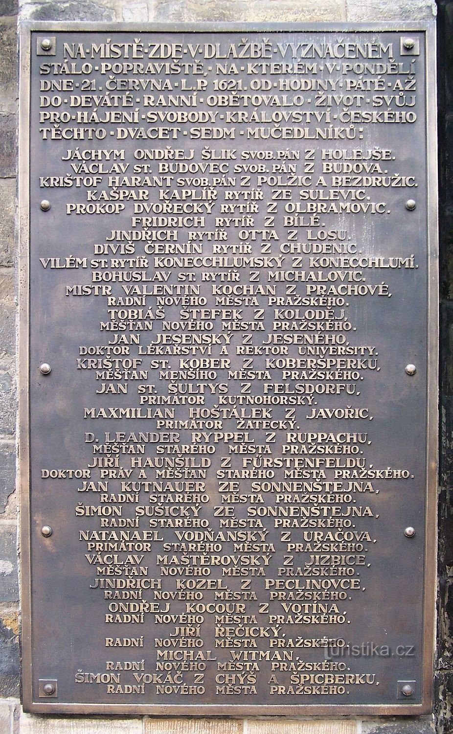 Placă memorială la locul execuției a 27 de domni cehi în 1621