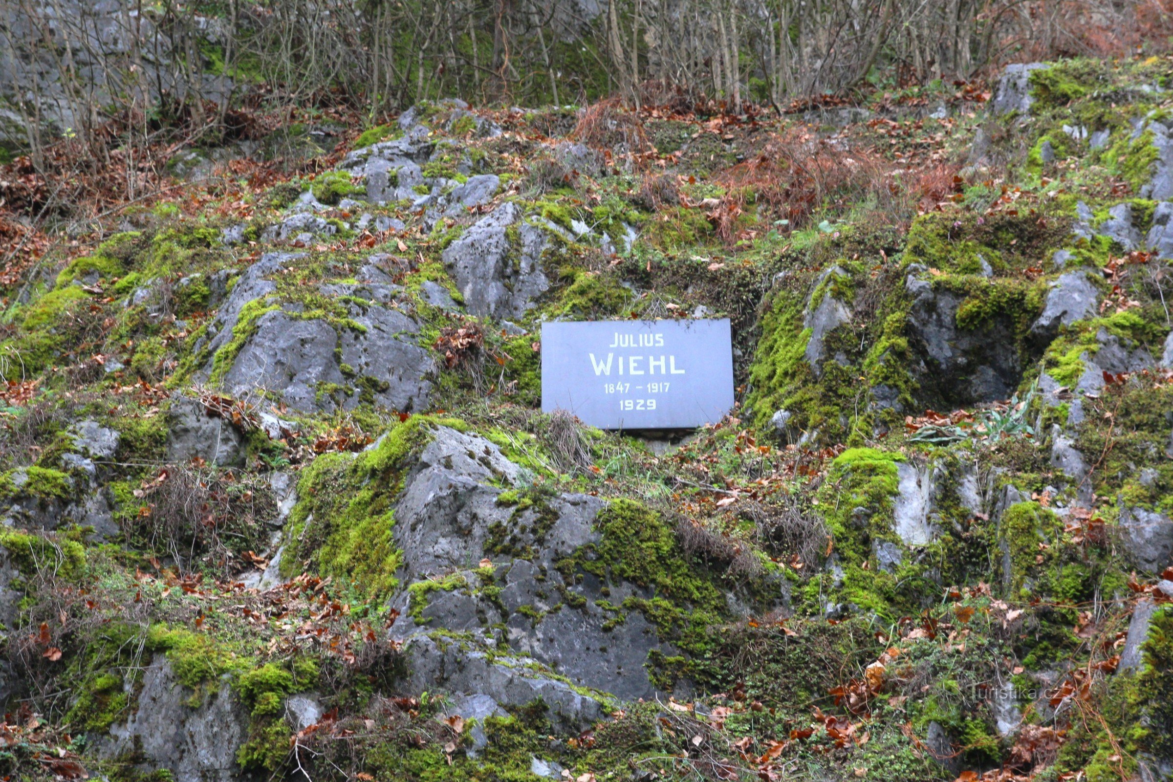 The memorial plaque is located in the stony slope below the old peasant log