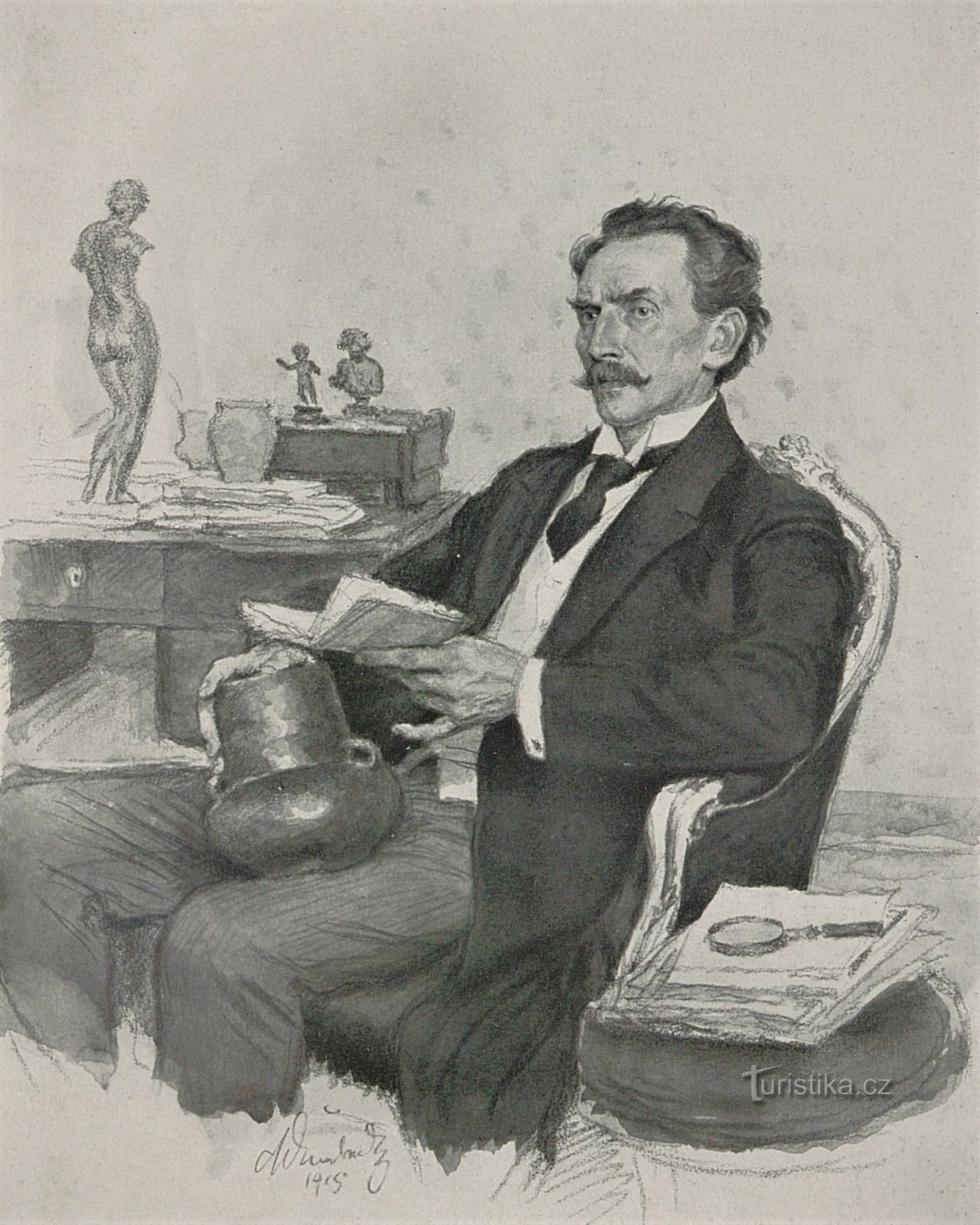 PhDr. Lubor Niederle sur un dessin de Mikoláš Alš de 1915