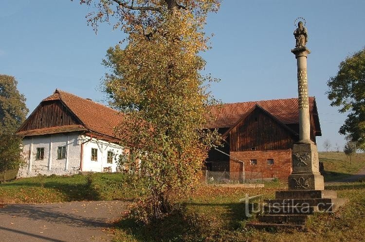 Písečná near Žamberko: A cottage in Písečná and a Marian column