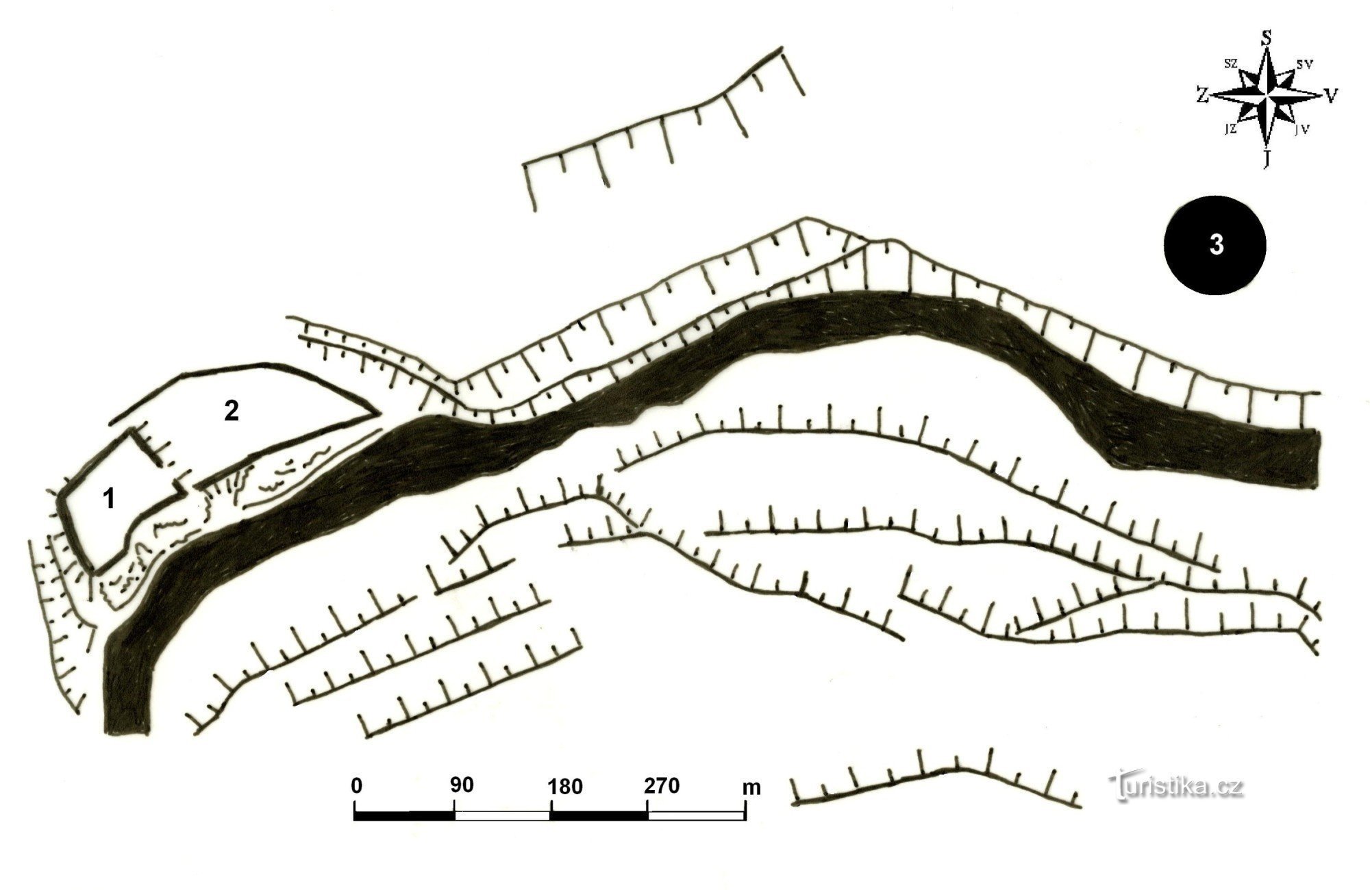 plan du château et de ses environs, 1) l'acropole, 2) le parvis, 3) l'emplacement de l'implantation sous le château