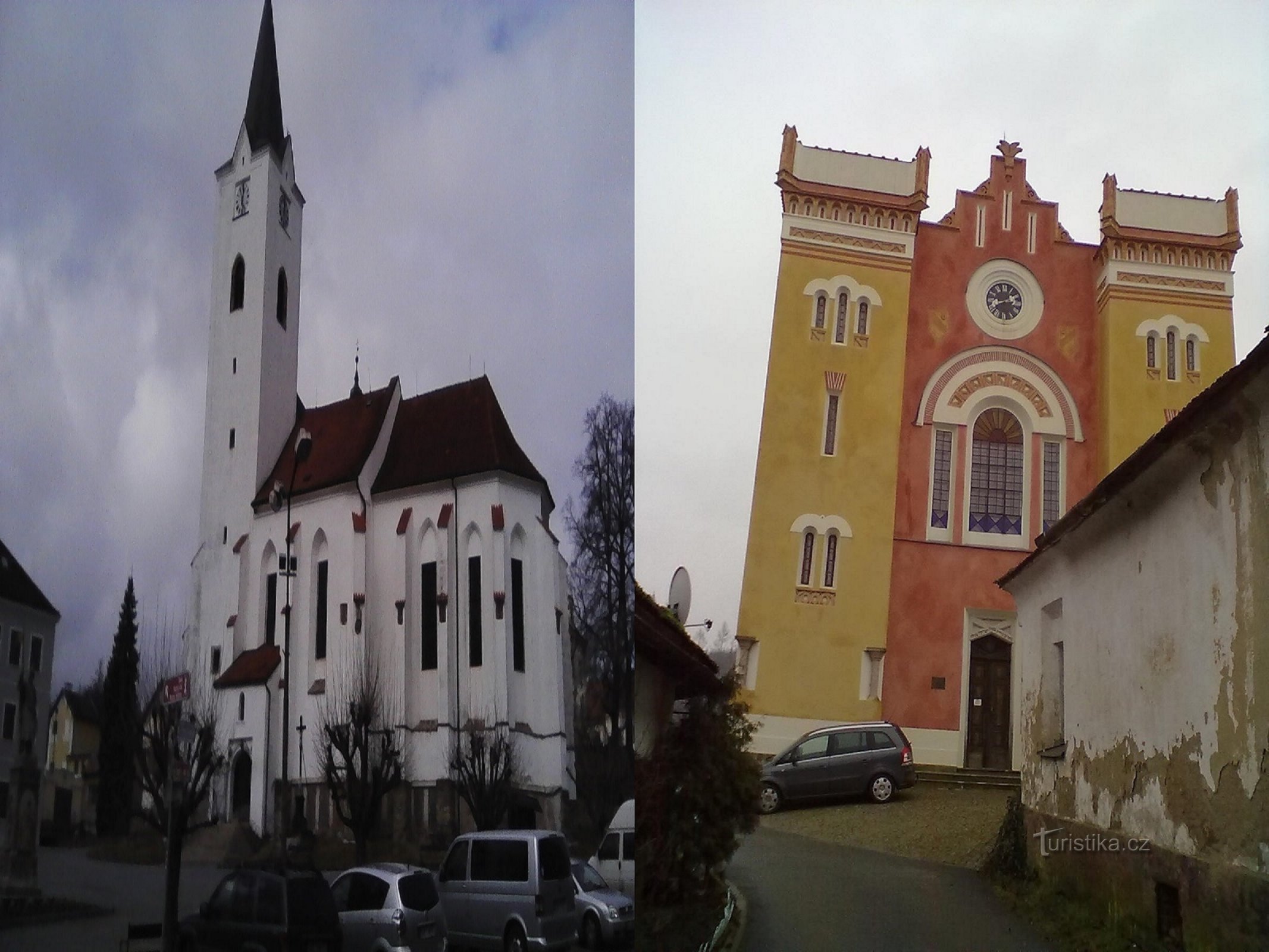 Het begin en einde van de wandeling, de kerk in Pacov en de Nieuwe Kerk Synagoge.