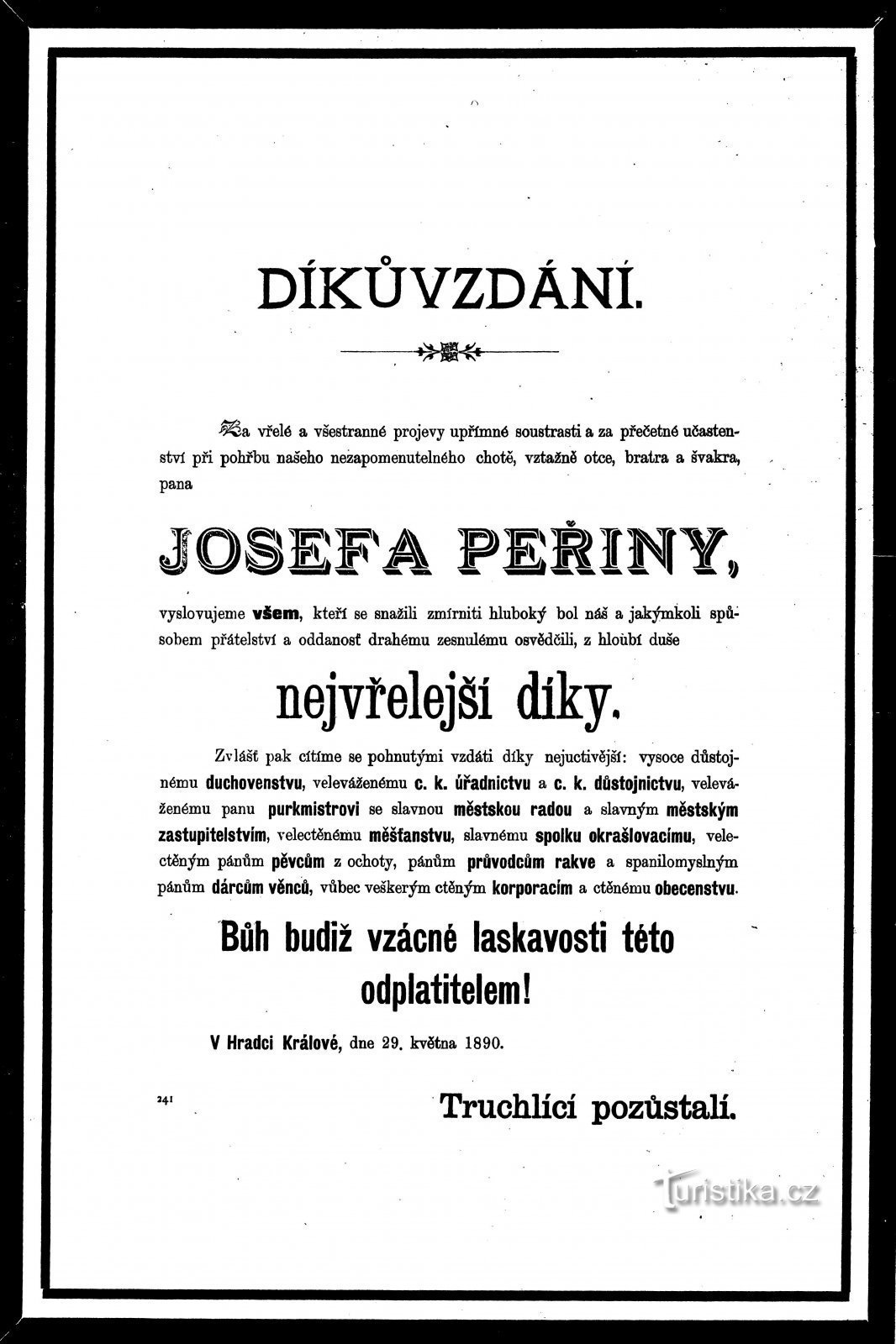 Gracias por asistir al funeral de Josef Peřina de 1890