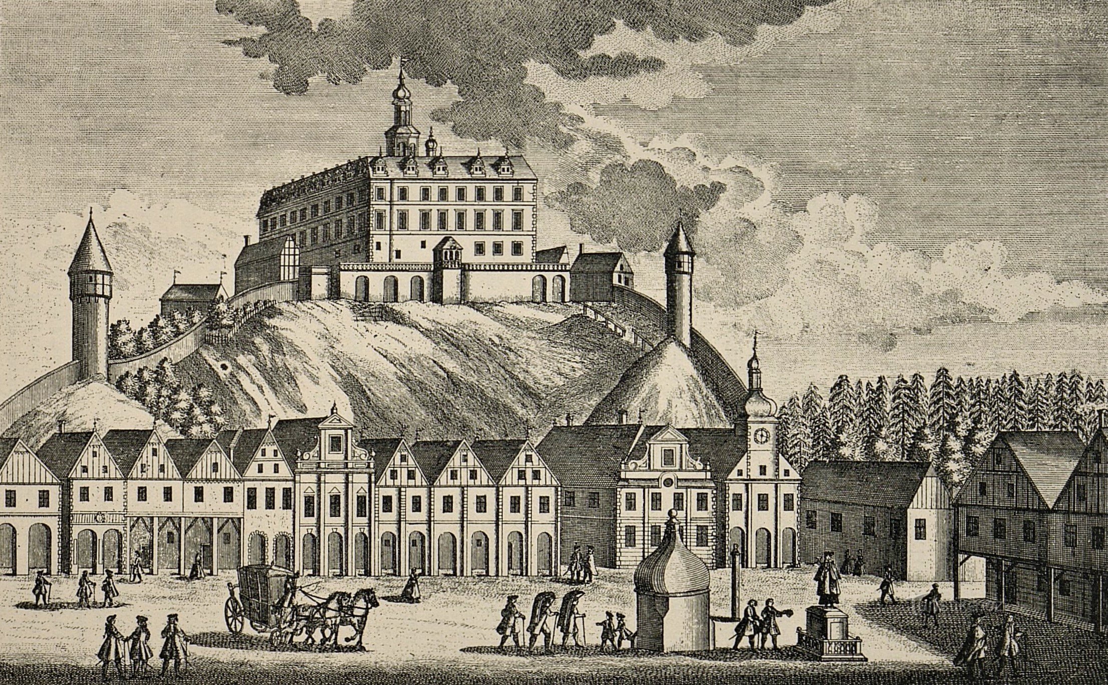 Pohled k náchodskému zámku z roku 1740