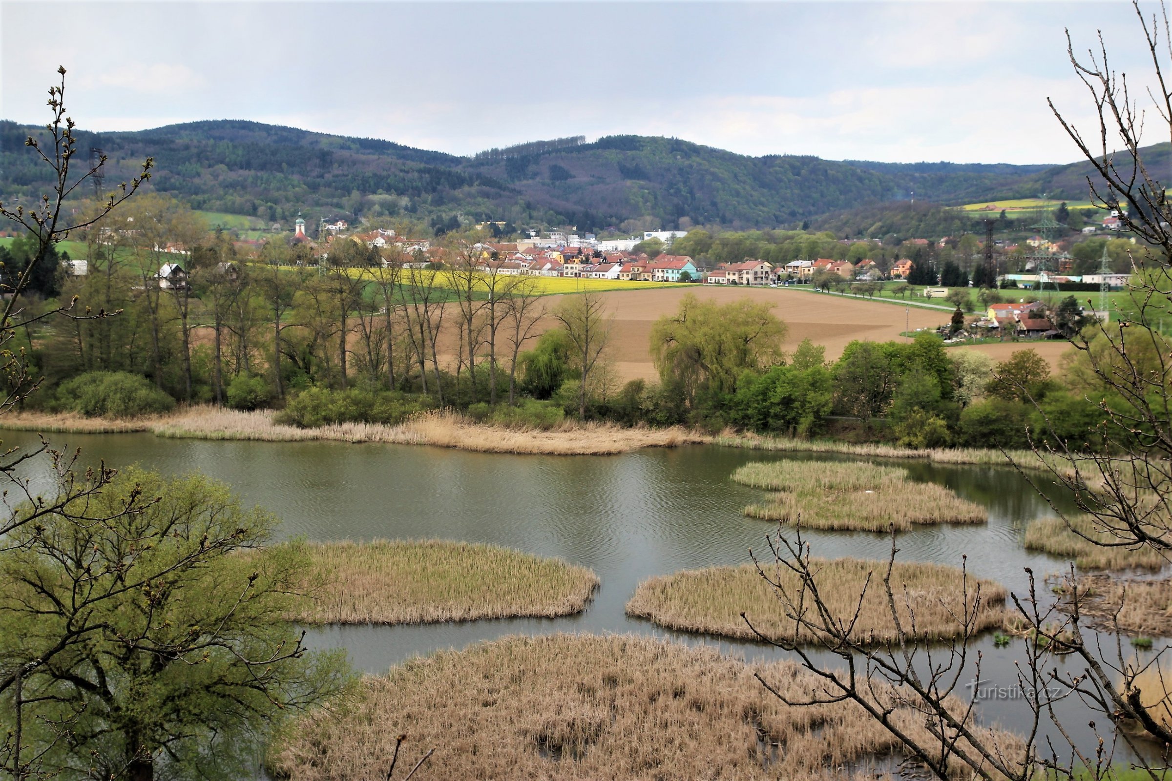 黄色のマーカーの見晴らしの良い場所から見た高水位の湿地の眺め (両方ともその後ろ)
