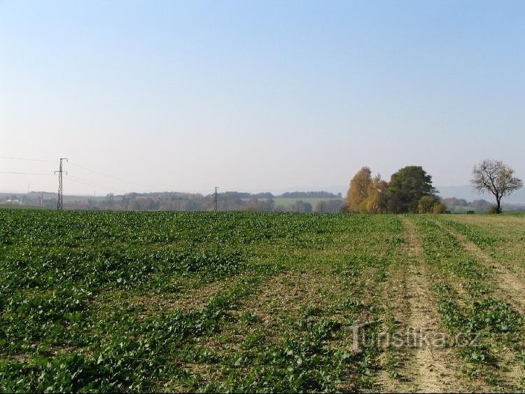 Zicht op Cihelňák vanuit Hukovice, Kunín is aan de linkerkant te zien