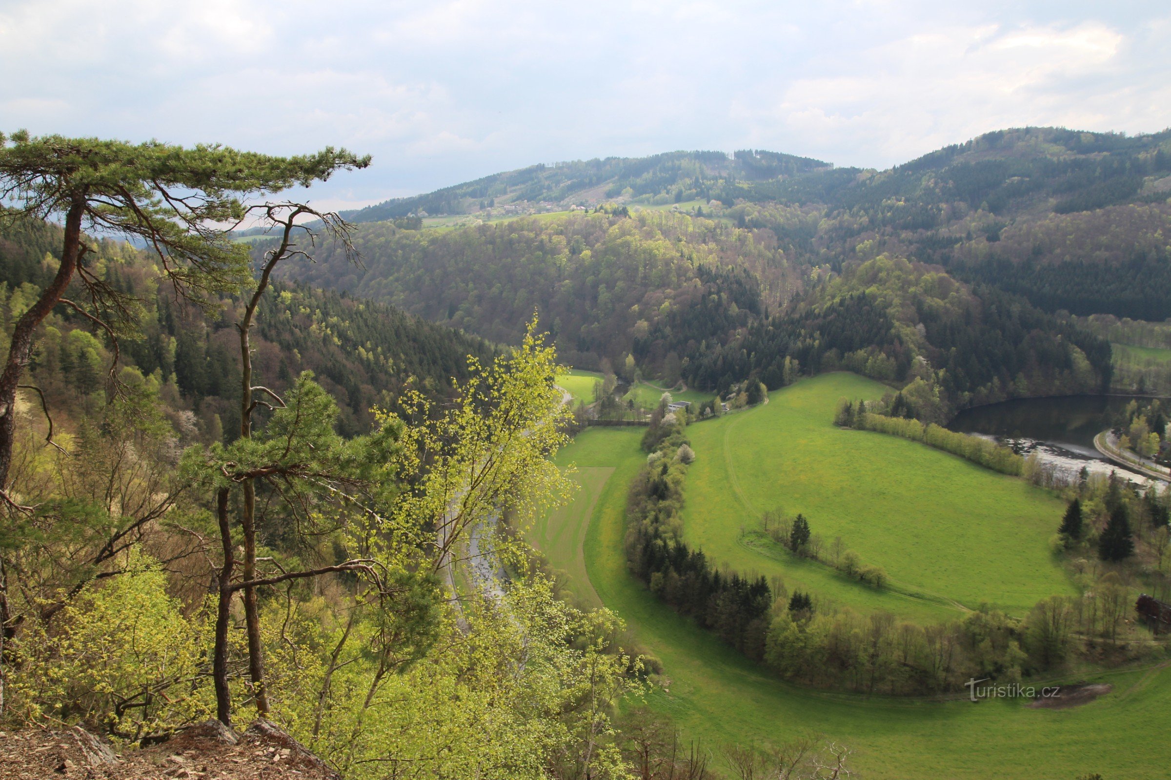 Vista do fundo do vale, acima dele no horizonte no topo de uma cordilheira arborizada está o castelo Zubštejn