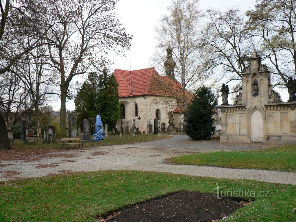 Blick auf die Kirche vom Eingang zum Friedhof