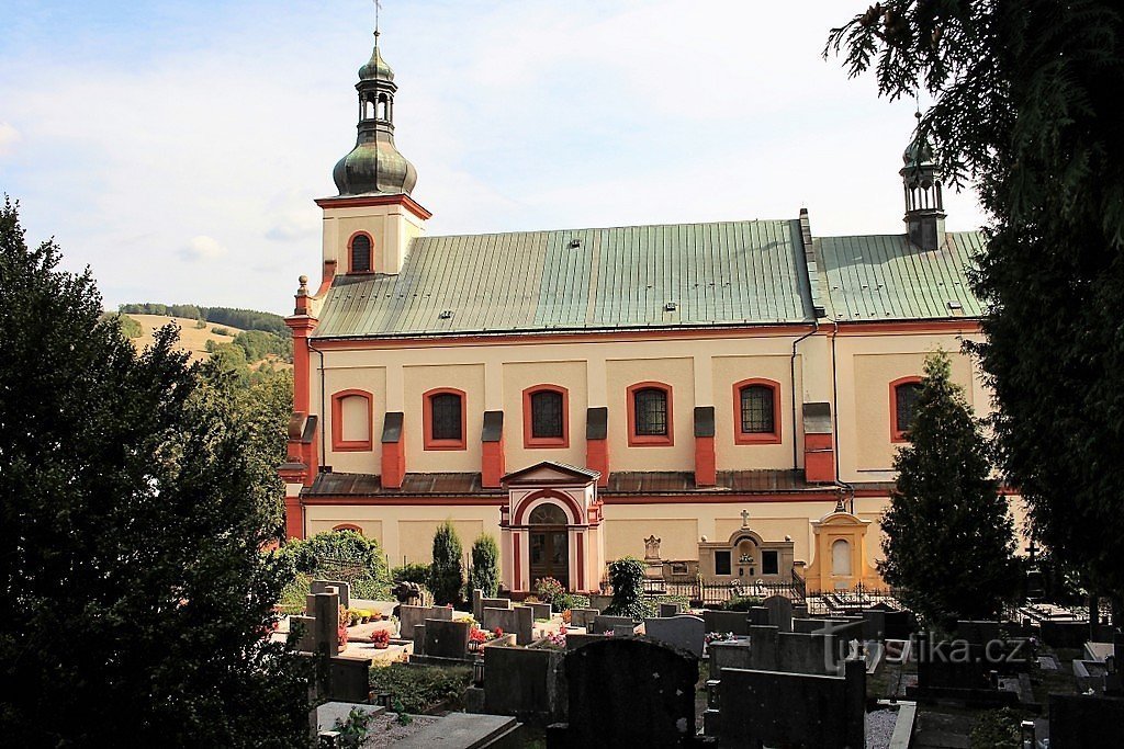 Blick auf die Kirche St. Augustinus vom Friedhof