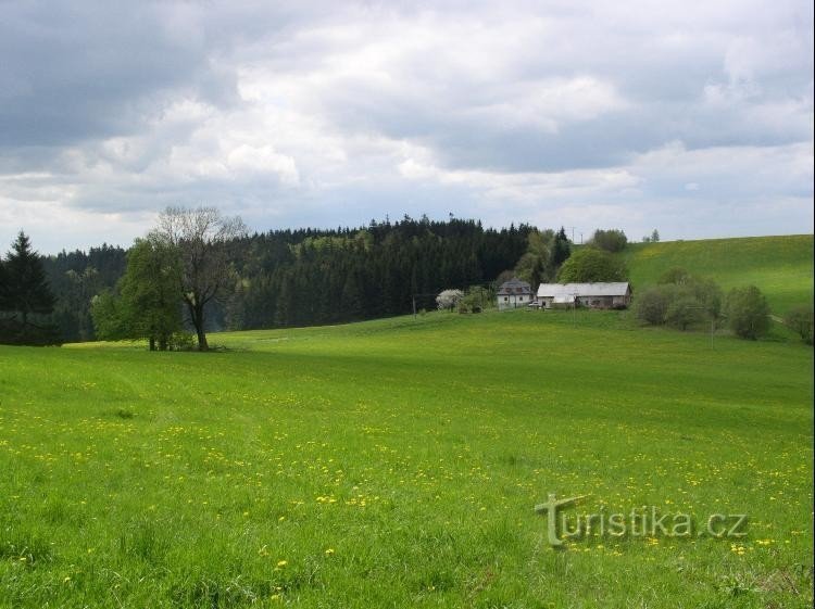 une vue de l'endroit avec le panneau Podolí : un endroit appelé Prosovka, il y avait autrefois un v