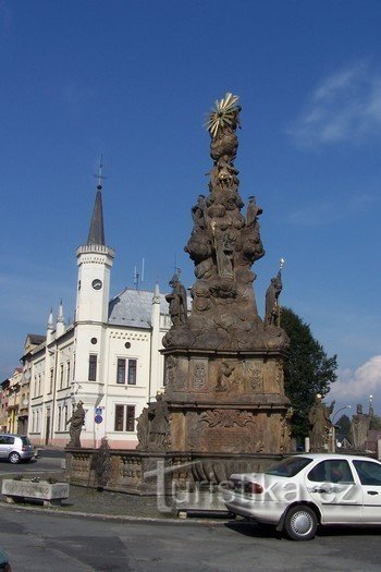 Vista de la columna de la peste y del ayuntamiento en Zákupy