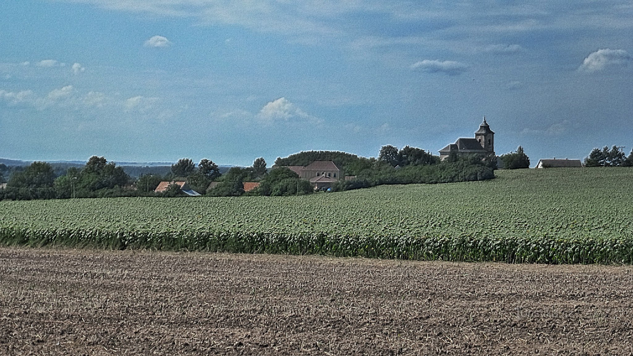 vista del pueblo desde la carretera Podhořany-Dolní bučice