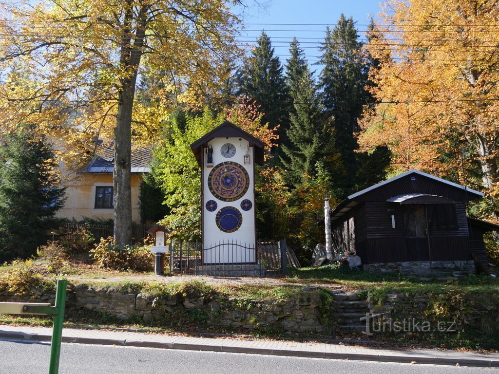 Blick auf die astronomische Uhr auf der anderen Straßenseite