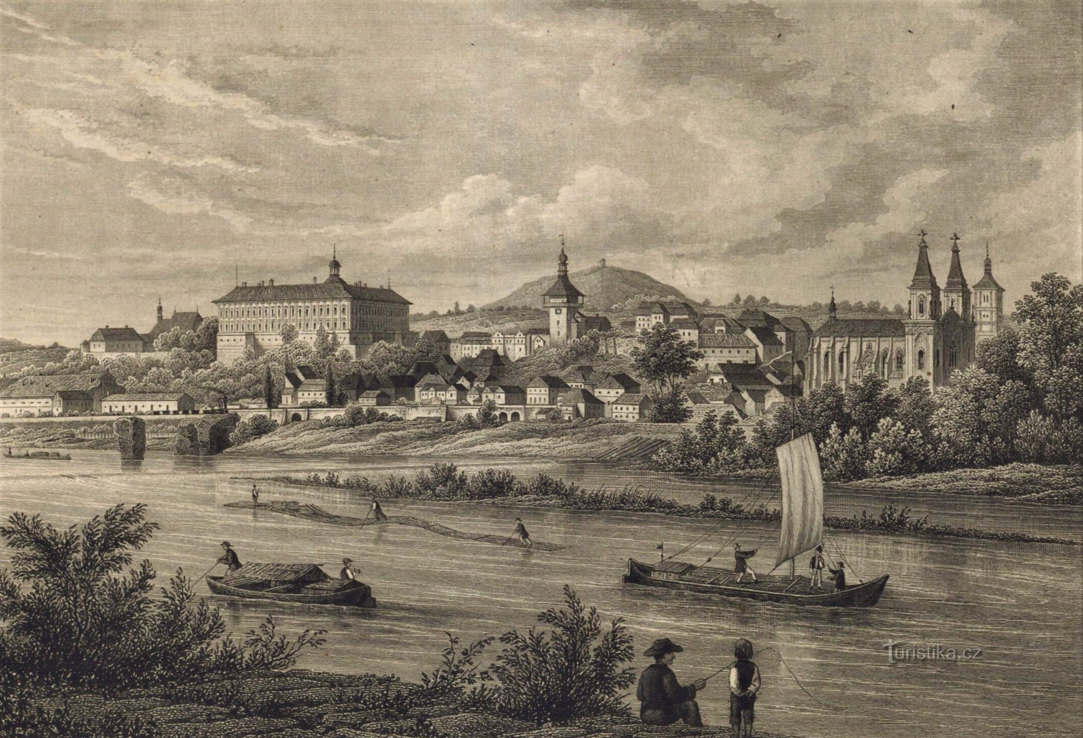 Вид на Роудніце-над-Лабем після 1850 року (пивоварня знаходиться під замком зліва)