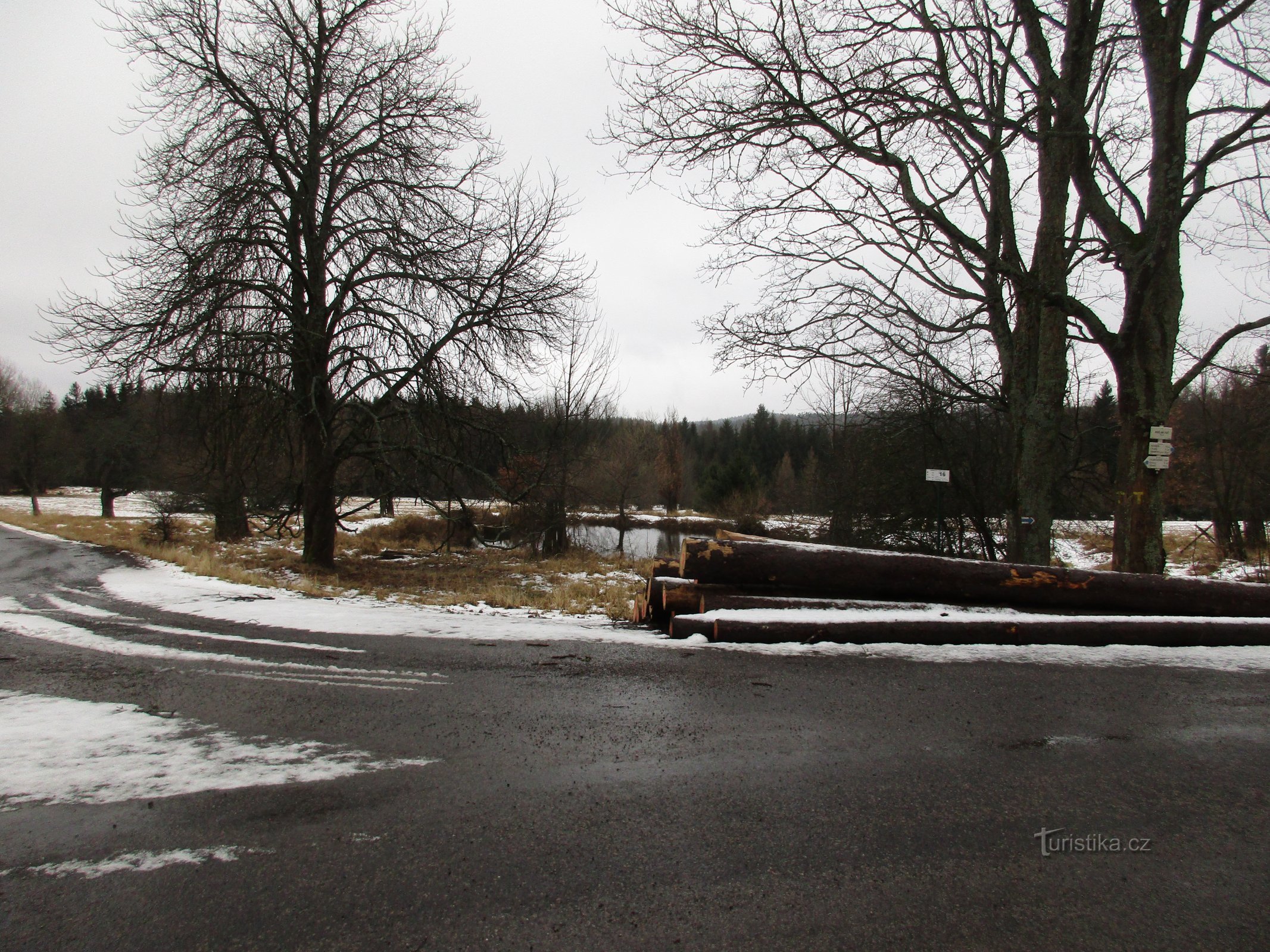 view of the pond with a tourist signpost