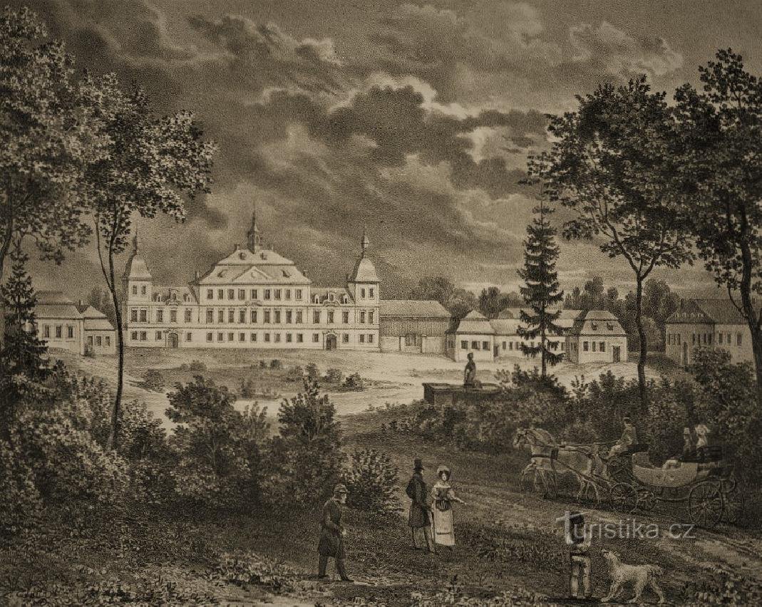 Pohled na zámek v Sadové počátkem 19. století od Adolpha Friedricha Kunikeho