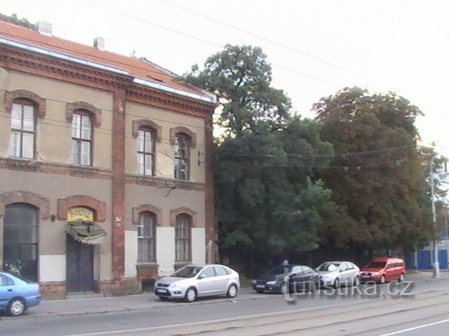 Blick vom Radweg: das ehemalige Zollhaus, daneben ein Park mit der Zderad-Säule