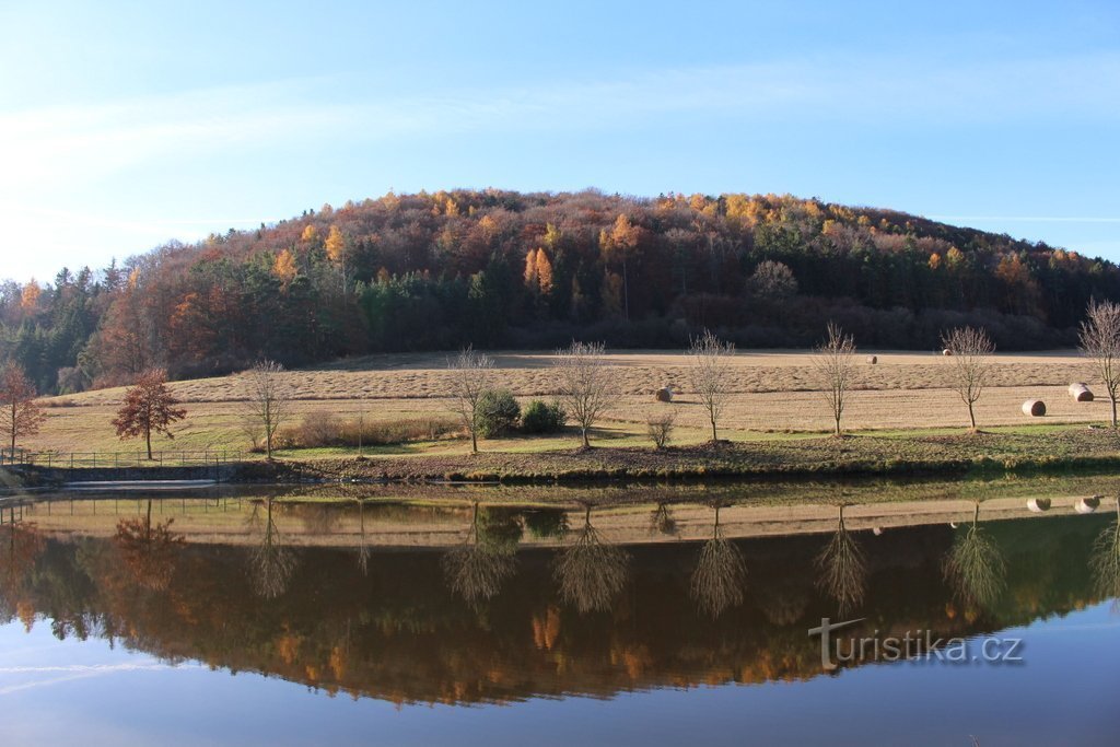 Blick vom Stausee auf Čepičná