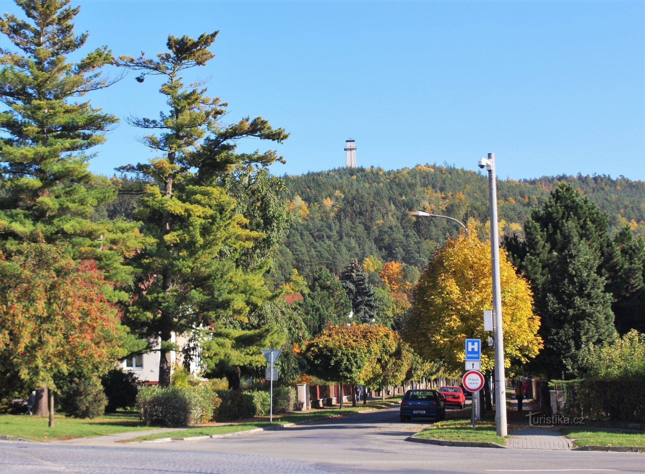 View along Riegrová street towards the Klucanina lookout tower