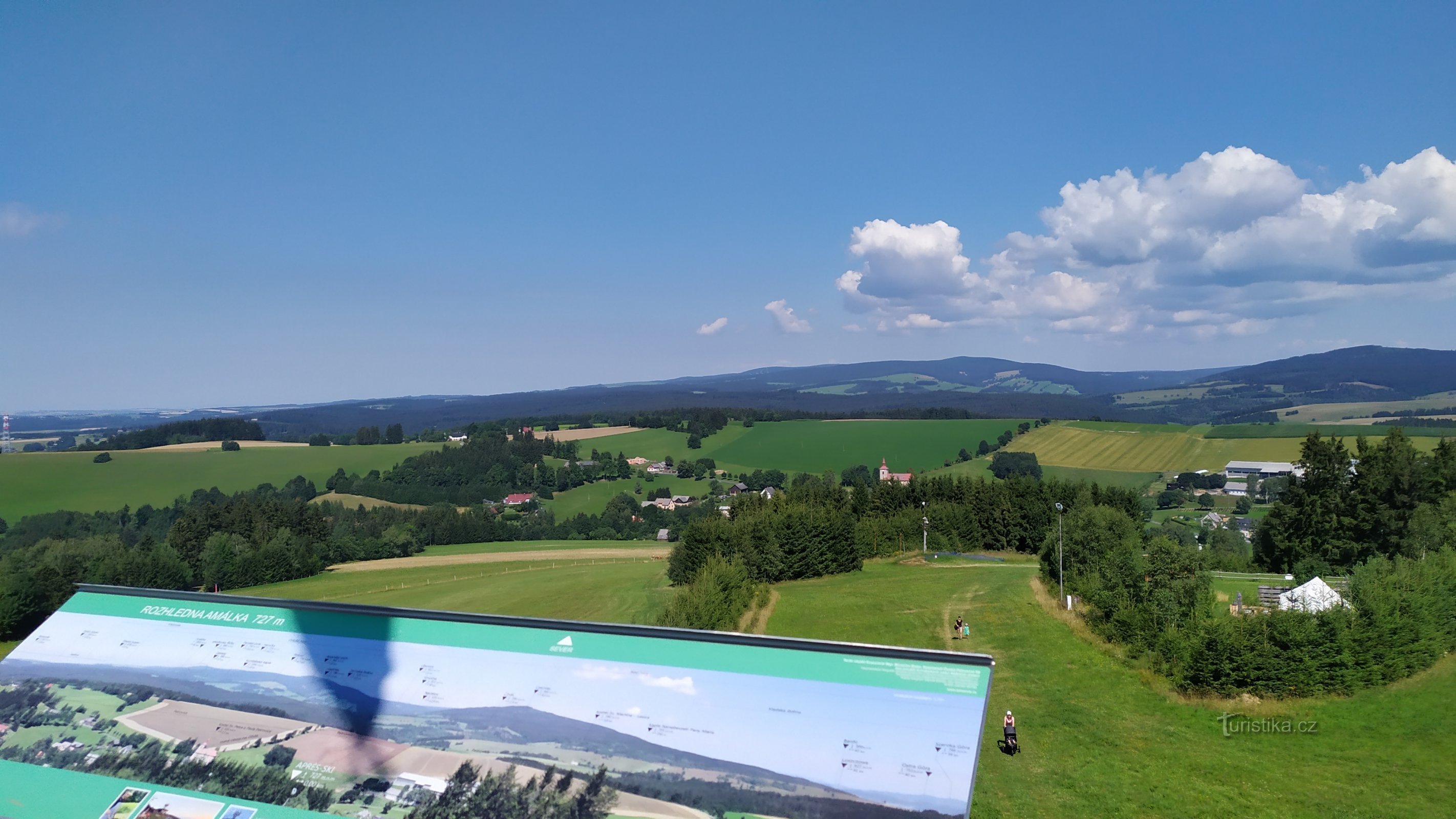 Blick nach Norden, im Vordergrund das Dorf České Petrovice, in der Ferne das Skigebiet Říčky