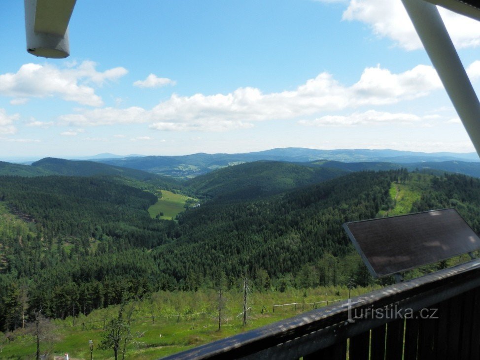 Vista desde Ruprechtický Špičák hacia el noreste hacia la ciudad de Głuszyca y las montañas Owl