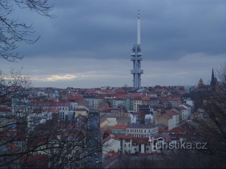 uitzicht vanaf de Vítkov-heuvel naar het oude Žižkov
