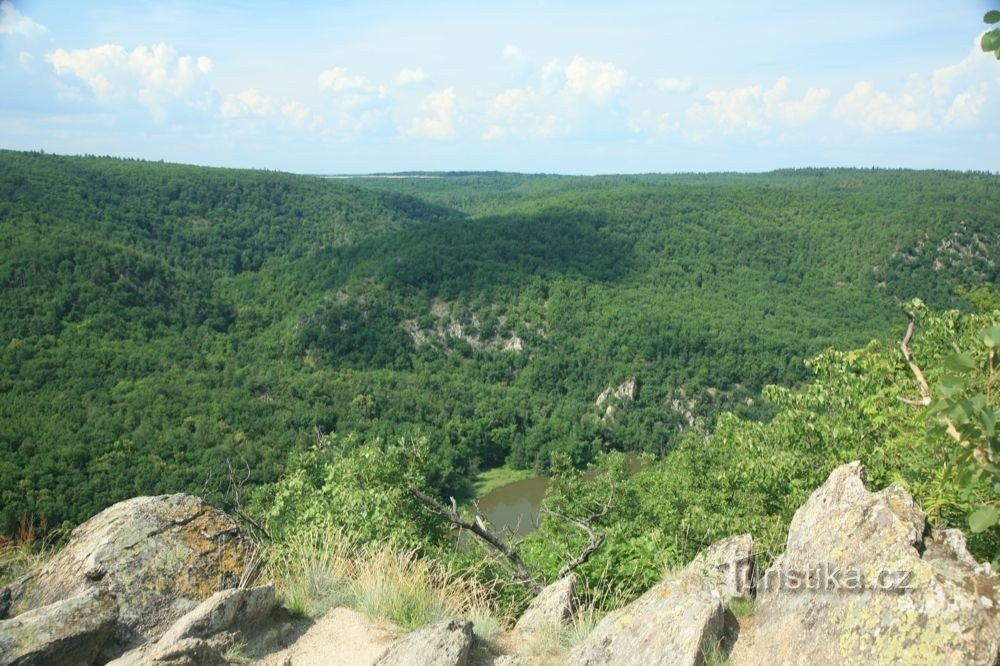 Blick vom Sealsfield Stone stromabwärts der Thaya mit dem King's Chair im Hintergrund