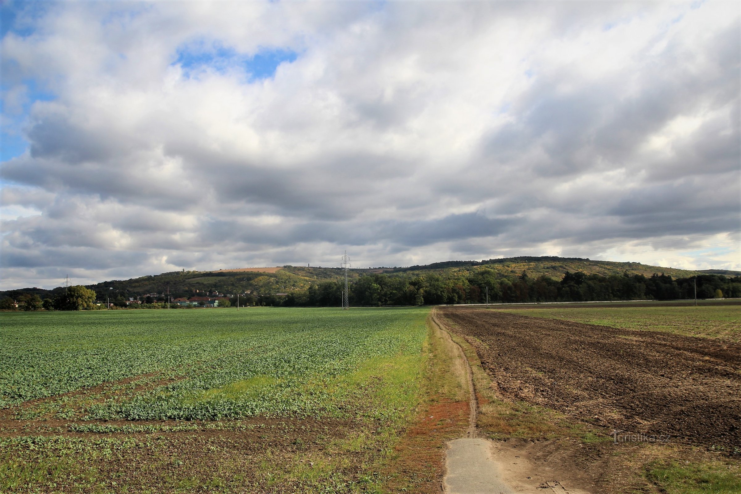 Het gaat verder langs de zogenaamde toeristische route naar Židlochovice, Výhon-heuvel aan de horizon