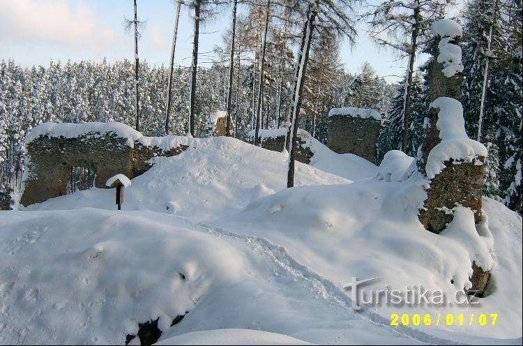 Pořešín pod sněhem: Foto je pořízené v lednu 2006, kdy v této lokaliťe napadlo i