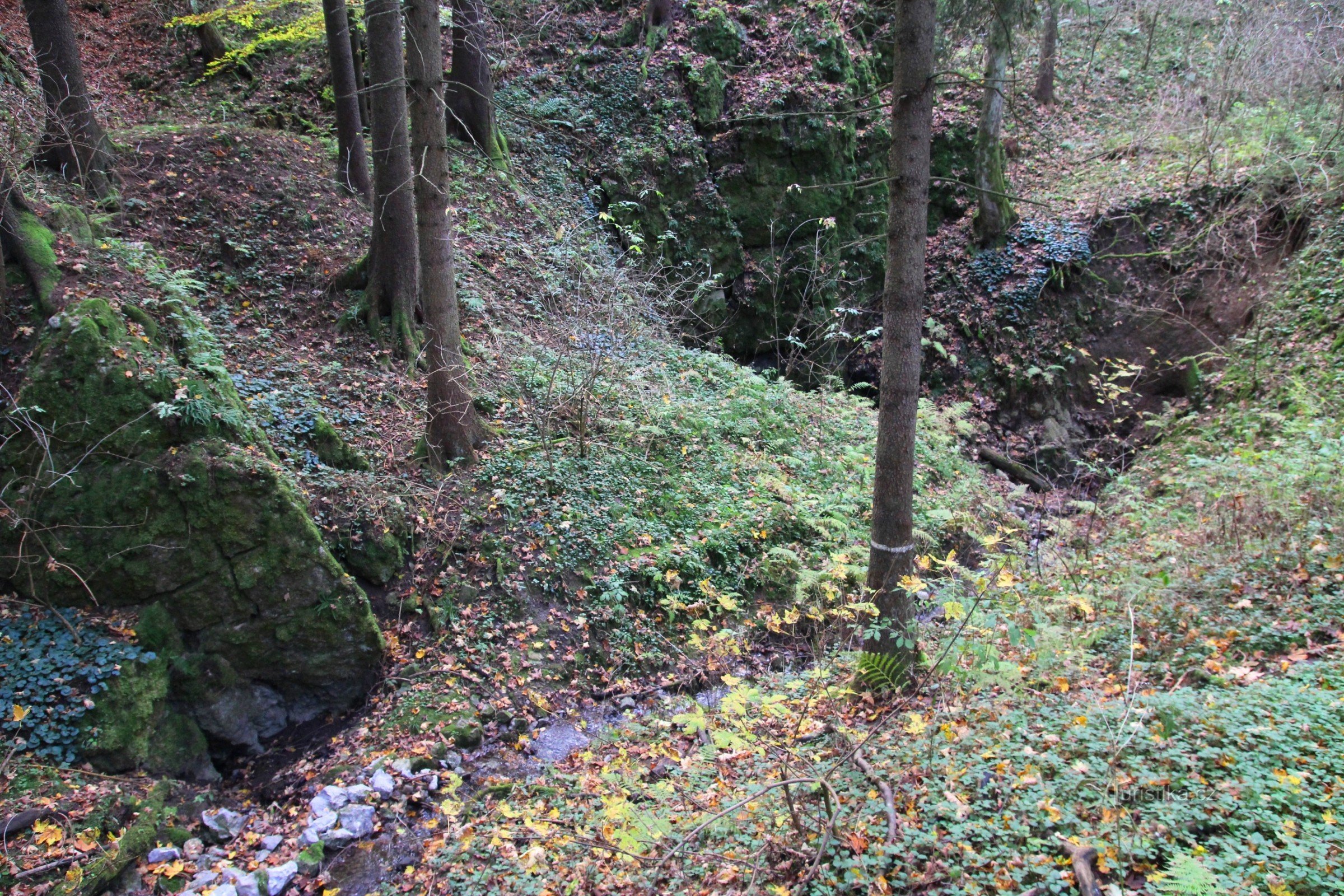 The stream falls under a rock barrier wall