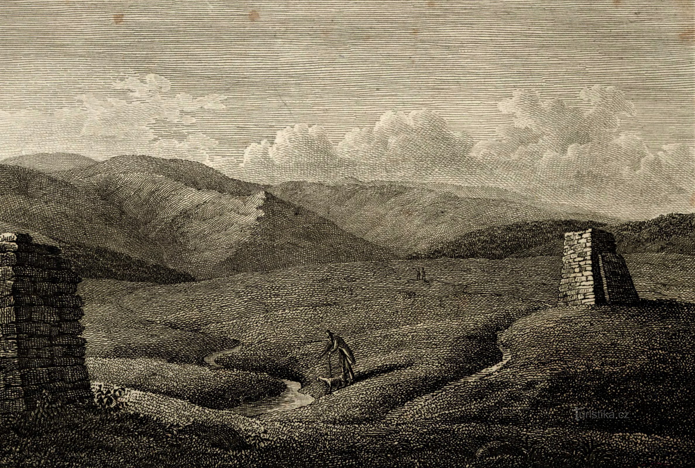 Pramen Labe s Kozími hřbety na rytině Carla Peschecka z počátku 19. století